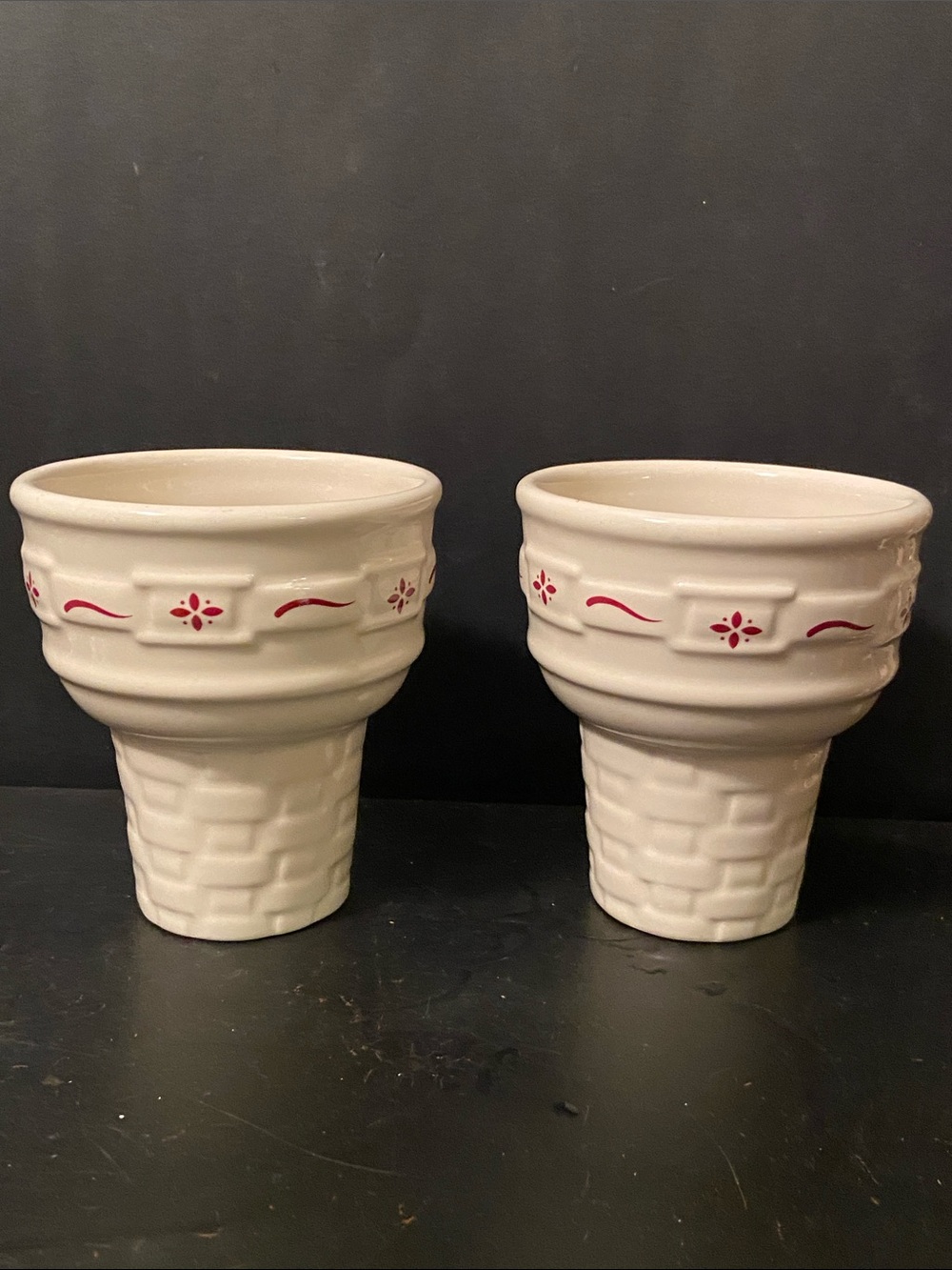 Longaberger White Ceramic Pottery Ice Cream Holders with Red Logo set of 2